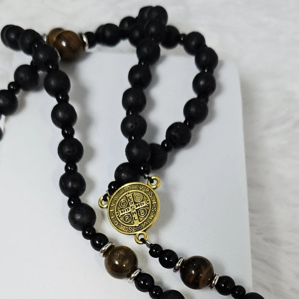 Tiger Eye Lava Stone Rosary Necklace St Benedict Medal Hematite Cross Masculine